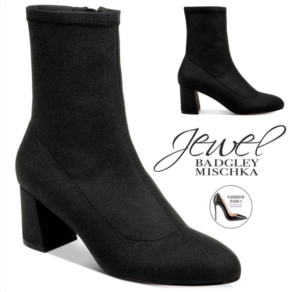Jewel Badgley Rena Shimmer Black Booties Block Heel Sock Evening Boots Pump 7.5 - Picture 1 of 11